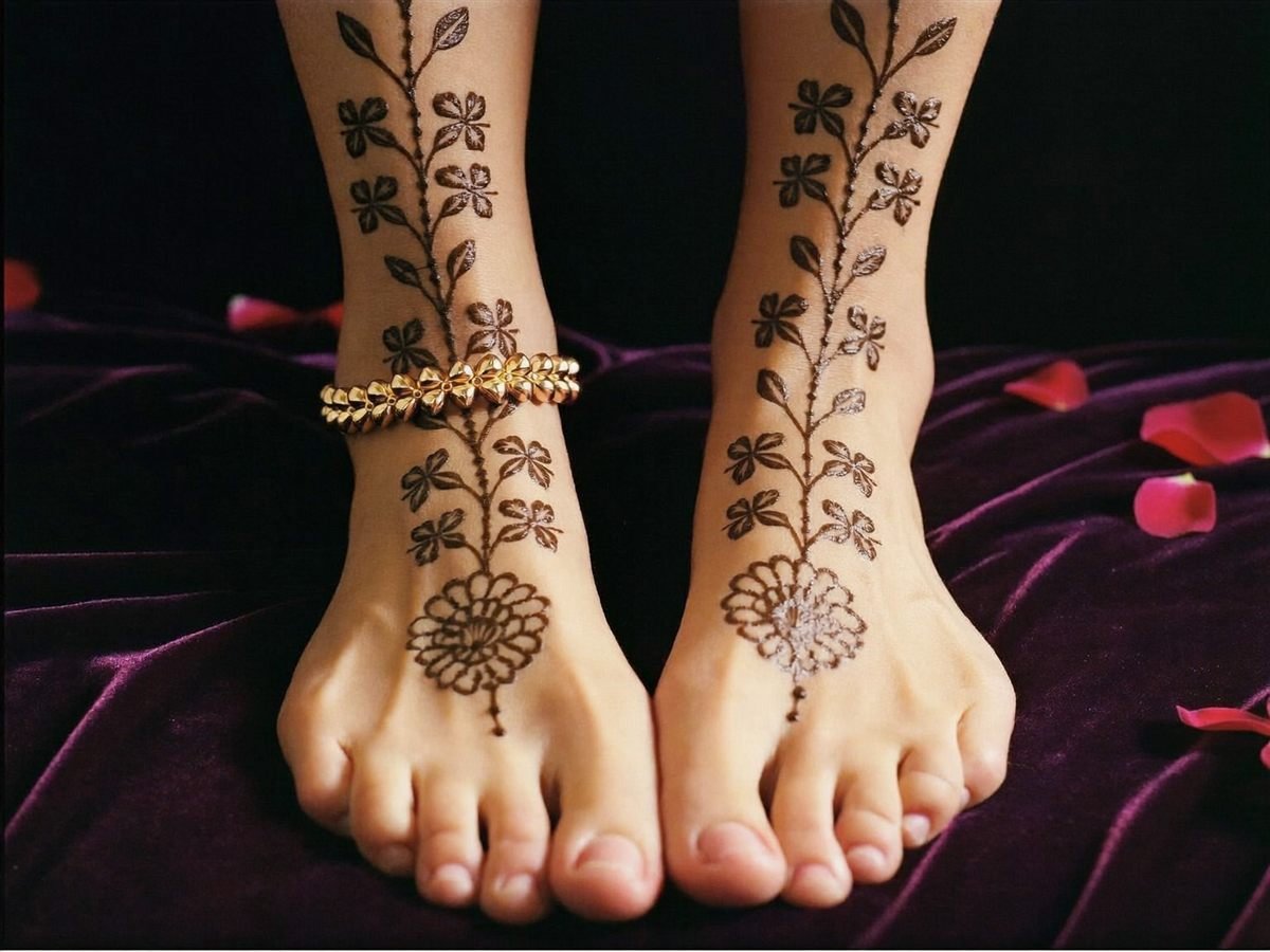 Feet mehndi with floral pattern on a dark backdrop